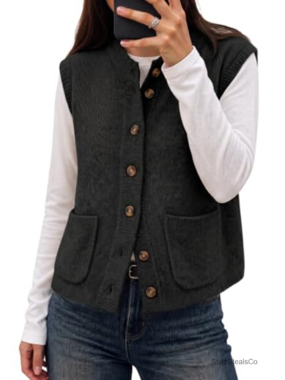Women's Sweater Vest Button Down Sleeveless Cardigan Mock Neck